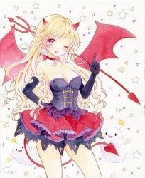 Rule 34 | 1girl, absurdres, amu (m aa), black corset, black gloves, blonde hair, breasts, choker, corset, demon costume, demon horns, demon tail, eyeball earrings, ghost, gloves, highres, holding trident, horns, layered skirt, long hair, looking at viewer, marker (medium), one eye closed, original, painting (medium), red choker, red eyes, red wings, skirt, solo, star (symbol), tail, traditional halo, traditional media, watercolor (medium), wings