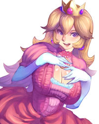 Rule 34 | 1girl, bad id, bad pixiv id, blonde hair, blue eyes, blush, breasts, brooch, cleavage, cleavage cutout, clothing cutout, crown, dress, earrings, elbow gloves, gloves, highres, jewelry, large breasts, long hair, mario (series), metata, nintendo, open mouth, pink dress, princess, princess peach, purple eyes, smile, solo, super mario bros. 1, white background, white gloves, white theme
