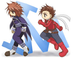 Rule 34 | 00s, age difference, boots, brown eyes, brown hair, chibi, father and son, fingerless gloves, gloves, kratos aurion, lloyd irving, lowres, male focus, red hair, short hair, tales of (series), tales of symphonia