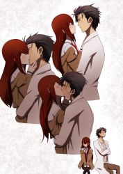 Rule 34 | 1boy, 1girl, black hair, black pantyhose, blue eyes, blush, brown coat, brown eyes, brown pants, closed mouth, coat, collared shirt, couple, crossed arms, embarrassed, eye contact, french kiss, grey shirt, hetero, highres, hug, imminent kiss, invisible chair, kiss, lab coat, long hair, looking at another, looking away, makise kurisu, necktie, okabe rintarou, open clothes, open coat, pants, pantyhose, parted lips, red hair, red neckwear, shirt, short hair, sitting, steins;gate, straight hair, tayutau0a0, very long hair, white background, white shirt, wing collar