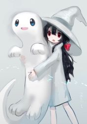 Rule 34 | 1girl, 90 5lb, animal, black hair, borrowed character, bow, creature, dress, feet out of frame, gregor (tsurunoka), hair between eyes, hair bow, hat, highres, lead white (tsurunoka), long hair, long sleeves, original, oversized animal, red bow, red eyes, shadow, solo, white dress, white hat, witch hat