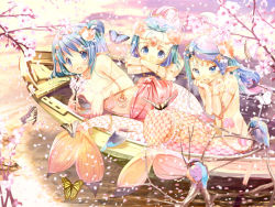 Rule 34 | 3girls, :d, arm rest, armlet, bird, blue eyes, blue hair, blush, boat, bracelet, bug, butterfly, cherry blossoms, covering privates, covering chest, flat chest, hanpen, insect, jewelry, long hair, looking at viewer, mermaid, monster girl, multiple girls, open mouth, pointy ears, reclining, sarong, scales, seashell, shell, sitting, smile, tiara, topless, water, watercraft