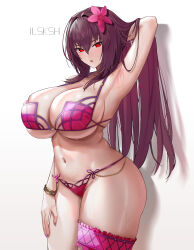 Rule 34 | 1girl, absurdres, arm up, armpits, bare shoulders, bikini, blush, bracelet, breasts, bridal garter, cleavage, collarbone, fate/grand order, fate (series), flower, hair between eyes, hair flower, hair ornament, hibiscus, highres, jewelry, large breasts, long hair, looking at viewer, navel, open mouth, purple bikini, purple hair, red eyes, scathach (fate), scathach (fate/grand order), scathach (swimsuit assassin) (fate), solo, swimsuit, thighs, user vdkm2347