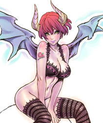 Rule 34 | 1girl, black bra, blush, body blush, body writing, bottomless, bra, breasts, cleavage, demon girl, demon wings, eyelashes, eyeshadow, female focus, fishnet thighhighs, fishnets, flower, from side, gradient hair, green eyes, groin, hair between eyes, horns, lace, lace-trimmed bra, lace-trimmed legwear, lace trim, large breasts, leaning forward, lingerie, lipstick, looking at viewer, makeup, multicolored eyes, multicolored hair, navel, original, outline, purple hair, purple lips, red hair, rose, seductive smile, short hair, simple background, sitting, sketch, smile, solo, striped clothes, striped thighhighs, tattoo, thighhighs, underwear, underwear only, v arms, white background, wings, yamashita shun&#039;ya, yellow eyes