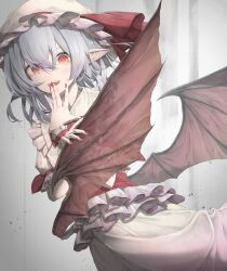 Rule 34 | 1girl, absurdres, bat wings, blue hair, commentary, dress, fangs, frilled dress, frills, hand to own mouth, hat, highres, leaning to the side, looking at viewer, medium hair, mob cap, open mouth, pointy ears, red eyes, red nails, red sash, remilia scarlet, sash, short sleeves, smile, solo, touhou, tqg 07, white dress, white headwear, wings
