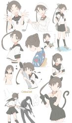 Rule 34 | 1girl, abyssal ship, animal ears, ayanami (kancolle), black gloves, black legwear, blush, brown hair, cat ears, cat tail, closed eyes, closed mouth, collar, cooking, cup, full body, gloves, green eyes, hair tie, heart, highres, holding, holding torpedo, kantai collection, long hair, long sleeves, looking at viewer, multiple views, open mouth, ponytail, school uniform, serafuku, short sleeves, side ponytail, simple background, skirt, smile, standing, tail, tea, teacup, torpedo, translation request, wachi (hati1186), wet, wet hair, white background