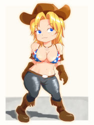 Rule 34 | 1girl, american flag bikini, bikini, blonde hair, blue eyes, boots, breasts, chibi, cowboy hat, dead or alive, denim, flag print, fringe trim, gloves, hat, jeans, jewelry, large breasts, necklace, pants, short hair, solo, swimsuit, tina armstrong, cowboy western