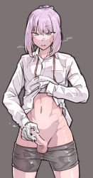 Rule 34 | 1boy, blue eyes, blush, censored, clothes lift, clothes pull, cum, delll (artist), ejaculation, genderswap, genderswap (ftm), gloves, highres, kantai collection, lifting own clothes, long hair, male focus, masturbation, penis, pink hair, ribbon hair, shiranui (kancolle), shirt lift, shorts, shorts pull, solo, sweat, testicles, trap