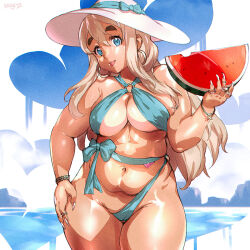 Rule 34 | 1girl, belly, bikini, blonde hair, blue bikini, blue eyes, bracelet, breasts, cameltoe, cleavage, curvy, earrings, fake nails, fingernails, food, fruit, hand on own hip, hat, highres, hoop earrings, jewelry, k-on!, keigi, kotobuki tsumugi, large breasts, long fingernails, long hair, mismatched eyebrows, multiple rings, navel, o-ring, o-ring top, ocean, plump, ribbon-trimmed bikini, ring, solo, standing, sun hat, swimsuit, tan, thick eyebrows, thick thighs, thigh gap, thighs, watermelon, watermelon slice, white nails