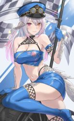 Rule 34 | 1girl, absurdres, au ra, bandeau, bare shoulders, blue bandeau, blue footwear, blue gloves, blue skirt, boots, breasts, checkered flag, cleavage, closed mouth, commentary, commission, dragon girl, dragon horns, dragon tail, enporion, final fantasy, final fantasy xiv, flag, floral print, gloves, goggles, goggles on headwear, hat, heterochromia, highres, holding, holding flag, horns, knee boots, large breasts, long hair, looking at viewer, midriff, miniskirt, multicolored hair, navel, orange eyes, peaked cap, pencil skirt, pink eyes, pink hair, race queen, scales, skeb commission, skirt, smile, solo, stomach, streaked hair, tail, warrior of light (ff14), white hair