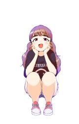 Rule 34 | 1girl, bare legs, black shirt, blush, brown hair, hands on own cheeks, hands on own face, highres, idolmaster, idolmaster cinderella girls, kamiya nao, kato (mogumoguokome), long hair, looking at viewer, shirt, shoes, simple background, smile, sneakers, solo, squatting, thick eyebrows, very long hair, white background