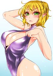 Rule 34 | 1girl, blonde hair, blush, breasts, cleavage, female focus, front zipper swimsuit, green eyes, highres, large breasts, meme attire, mizuhashi parsee, one-piece swimsuit, open mouth, pointy ears, roki (hirokix), short hair, simple background, solo, swimsuit, touhou, wet