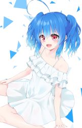 Rule 34 | 1girl, :d, absurdres, ahoge, arm support, bare shoulders, blue hair, blush, collarbone, commentary request, copyright request, dress, fingernails, from side, hair between eyes, highres, hijouguti, mair (alive musix), looking at viewer, looking to the side, off-shoulder dress, off shoulder, open mouth, red eyes, sidelocks, sitting, smile, solo, twintails, virtual youtuber, white background, white dress
