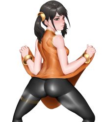 Rule 34 | 1girl, absurdres, ass, bare shoulders, black hair, blush, breasts, brown eyes, china dress, chinese clothes, clothes lift, come hither, dress, dress lift, from behind, highres, ling xiaoyu, long hair, looking at viewer, looking back, namco, pantyhose, shiny clothes, shiny skin, sideboob, smile, solo, tekken, twintails, yesman
