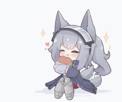 Rule 34 | 1girl, animal ears, arknights, armor, blue jacket, blush, burger, closed eyes, closed mouth, commentary, eating, english commentary, eyebrows, food, full body, grani (arknights), grey hair, hair between eyes, happy, heart, holding, holding food, horse ears, jacket, kurotofu, long hair, ponytail, shadow, simple background, sitting, smile, solo, star (symbol), tail, tail wagging, twitter username, white background