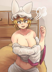 Rule 34 | 1girl, adapted costume, alternate eye color, animal hat, bare shoulders, blonde hair, breasts, brown eyes, chanta (ayatakaoisii), chest of drawers, collarbone, eyebrows, fox tail, hair between eyes, hand up, hat, huge breasts, indoors, long sleeves, looking at viewer, mob cap, multiple tails, navel, open mouth, mob cap, shirt, short hair, skirt, solo, stomach, sweatdrop, tail, teeth, tongue, touhou, undressing, upset, white shirt, white skirt, wide sleeves, yakumo ran