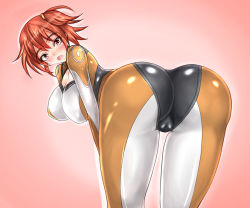 Rule 34 | 1girl, ass, bent over, blush, bodysuit, breasts, cameltoe, dokuusagi, fate/grand order, fate (series), from behind, fujimaru ritsuka (female), huge ass, large breasts, leaning, leaning forward, looking at viewer, open mouth, orange eyes, red hair, scrunchie, shiny clothes, short hair, side ponytail, skin tight, solo