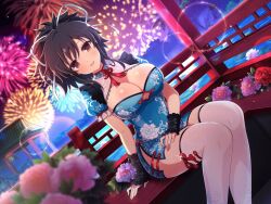 Rule 34 | 1girl, architecture, asuka (senran kagura), black bow, black hair, blue collar, blue dress, blue flower, blush, bow, breasts, bridge, brown eyes, china dress, chinese clothes, chinese knot, cleavage, cleavage cutout, clothing cutout, collar, covered navel, dress, east asian architecture, fireworks, floral print, flower, frilled dress, frilled wristband, frills, hair between eyes, hair ribbon, hand on own thigh, lace, lace-trimmed dress, lace trim, large breasts, leaf, lens flare, light particles, lily pad, linea alba, looking at viewer, lotus, mountain, mountainous horizon, night, night sky, official alternate costume, official art, open mouth, outdoors, palm leaf, parted lips, pink flower, ponytail, railing, red flower, red tassel, ribbon, senran kagura, senran kagura new link, senran kagura shoujo-tachi no shin&#039;ei, shiny skin, short dress, short hair, short ponytail, side slit, sitting, sky, smile, solo, sparkle, star (sky), starry sky, thighhighs, tree, underboob, underboob cutout, water, white ribbon, white thighhighs, wooden bridge, wrist cuffs, yaegashi nan