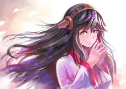 Rule 34 | 1girl, alternate costume, black hair, hair ornament, hairclip, haruna (kancolle), headgear, heart, heart-shaped pupils, jewelry, kantai collection, long hair, looking at viewer, nr noir, orange eyes, own hands together, ring, smile, solo, symbol-shaped pupils, upper body, wedding band