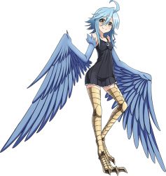 Rule 34 | 1girl, ahoge, artist request, bare shoulders, bird legs, black dress, blue hair, blue wings, blush, breasts, dress, feathered wings, feathers, hair between eyes, harpy, medium hair, monster girl, monster musume no iru nichijou, monster musume no iru nichijou online, official alternate costume, official art, papi (monster musume), sidelocks, small breasts, smile, solo, talons, thighhighs, transparent background, winged arms, wings, yellow eyes, zettai ryouiki