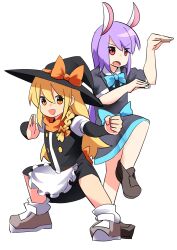 2girls animal_ears apron black_dress black_hat black_skirt black_vest blonde_hair blue_bow blue_bowtie bow bowtie braid brown_footwear buttons clenched_hand commentary_request cookie_(touhou) dress fighting_stance frilled_apron frills full_body hair_bow hat highres kirisame_marisa leftame loafers long_hair looking_at_viewer multiple_girls open_mouth orange_bow puffy_short_sleeves puffy_sleeves purple_hair rabbit_ears rabbit_girl red_eyes reisen_udongein_inaba shirt shoes short_sleeves side_braid simple_background single_braid skirt skirt_set smile socks soga_alice standing standing_on_one_leg touhou transparent_background v-shaped_eyebrows very_long_hair vest waist_apron white_apron white_shirt white_socks witch_hat yaoyao_(cookie)