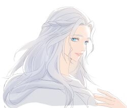 Rule 34 | 1girl, blue eyes, braid, final fantasy, final fantasy xiv, from side, half up braid, hand up, highres, long hair, looking at viewer, parted lips, portrait, simple background, single braid, smile, solo, venat (ff14), wasdzspace, white background, white hair
