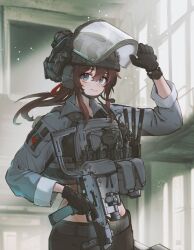 Rule 34 | 1girl, ammunition pouch, belt, brown hair, bulletproof vest, combat helmet, cropped jacket, face shield, grey sweater, gun, h&amp;k mp7, hair between eyes, hair ribbon, hand on weapon, helmet, highres, indoors, long bangs, looking at viewer, magazine (weapon), midriff, optical sight, original, pouch, red ribbon, ribbon, short shorts, shorts, smile, solo, submachine gun, sweater, tactical clothes, termichan (not-a-bot), tuziki sang, weapon