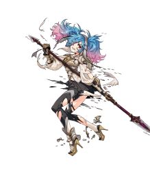 Rule 34 | 1girl, armor, back, blue hair, fire emblem, fire emblem fates, fire emblem heroes, full body, gloves, hair over one eye, high heels, highres, injury, long hair, nintendo, official art, pants, peri (fire emblem), pink hair, polearm, red eyes, ryona, solo, spear, takagi masafumi, teeth, torn clothes, torn pants, transparent background, twintails, weapon