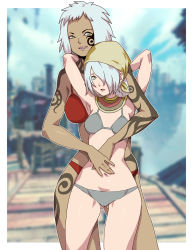 Rule 34 | 2girls, bikini, breasts, cecie (gravity daze), daga, dark-skinned female, dark skin, gravity daze, gravity daze 2, lisa (gravity daze), looking at viewer, mother and daughter, multiple girls, navel, open mouth, sad face, small breasts, smile, standing, swimsuit, tagme, tattoo, thighs, white hair, yellow eye