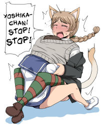 Rule 34 | 2girls, animal ears, braid, brown hair, hard-translated, head under another&#039;s clothes, komusou (jinrikisha), lynette bishop, miyafuji yoshika, multiple girls, single braid, strike witches, sweater, tail, text focus, third-party edit, translated, under another&#039;s clothes, world witches series, yuri