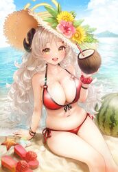 Rule 34 | 1girl, absurdres, adelie cat, bare arms, bare shoulders, beach, bikini, blue archive, breasts, cleavage, coconut, curled horns, day, flower, food, front-tie bikini top, front-tie top, fruit, halo, halterneck, hand up, hat, hat flower, highres, holding, horns, izumi (blue archive), izumi (swimsuit) (blue archive), large breasts, legs, long hair, looking at viewer, messy hair, mole, mole on thigh, nail polish, navel, o-ring, o-ring bikini, official alternate costume, open mouth, outdoors, red bikini, red nails, sandals, unworn sandals, scrunchie, side-tie bikini bottom, sitting, skindentation, smile, solo, starfish, stomach, strap gap, straw hat, string bikini, swimsuit, thighs, very long hair, water, watermelon, wet, white hair, wrist scrunchie, wristband, yellow eyes