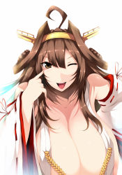 Rule 34 | &gt;;d, 10s, 1girl, ;d, ;p, akanbe, breasts, brown hair, cleavage, detached sleeves, eyelid pull, huge breasts, kantai collection, kongou (kancolle), long hair, looking at viewer, one eye closed, open mouth, smile, solo, tongue, tongue out, tsukasawa takamatsu, v-shaped eyebrows