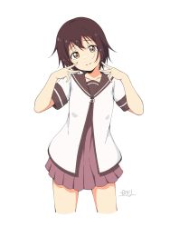Rule 34 | 1girl, brown dress, brown eyes, brown sailor collar, closed mouth, commentary request, cowboy shot, dress, funami yui, highres, looking at viewer, nanamori school uniform, pilolimaru, sailor collar, sailor dress, school uniform, serafuku, short hair, short sleeves, signature, simple background, smile, solo, white background, yuru yuri
