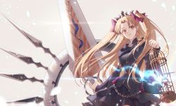 Rule 34 | 1girl, absurdres, birdcage, black dress, blonde hair, bow, cage, commentary, cowboy shot, crown, dress, earrings, ereshkigal (fate), ereshkigal (third ascension) (fate), fate/grand order, fate (series), gold trim, hair bow, highres, holding, holding cage, holding weapon, jewelry, lens flare, light particles, lin (sm1621821), long hair, long sleeves, looking to the side, meslamtaea (weapon), parted bangs, parted lips, red bow, red eyes, solo, two side up, weapon