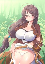 Rule 34 | 1girl, ahoge, ai (hajimari no mahoutsukai), blush, breasts, brown eyes, brown hair, brown jacket, cleavage, closed mouth, clothes lift, collarbone, commentary request, gem, hajimari no mahoutsukai, holding, holding rope, jacket, jewelry, leaf, lifting own clothes, long hair, looking at viewer, medium breasts, mozuya murasaki, necklace, outdoors, panties, rope, shirt, side-tie panties, sidelocks, skirt, skirt lift, solo, thighs, underwear, very long hair, white panties, white shirt, white skirt