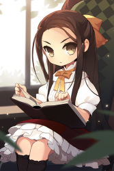 Rule 34 | 1girl, armchair, black socks, book, bow, brown hair, btoor, chair, child, dress, forehead, frilled dress, frills, frown, hair ribbon, half updo, holding, holding book, kneehighs, layered dress, layna scentriver, leaf, long hair, no nose, open book, open mouth, ribbon, sitting, socks, solo, sword girls, window, yellow eyes