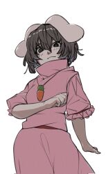Rule 34 | 1girl, animal ears, black eyes, black hair, blush, breasts, carrot necklace, closed mouth, commentary, cowboy shot, dress, expressionless, floppy ears, frilled sleeves, frills, hair between eyes, highres, inaba tewi, jewelry, long bangs, looking at viewer, necklace, nio (meple nio), pink dress, rabbit ears, rabbit girl, red sash, sash, short hair, short sleeves, simple background, small breasts, solo, touhou, turtleneck, white background