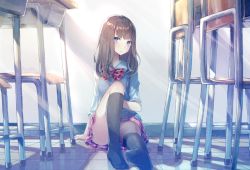 Rule 34 | 1girl, arm support, black socks, blue eyes, bow, bowtie, brown hair, chair, classroom, convenient leg, desk, hakuishi aoi, indoors, knee up, kneehighs, light rays, long hair, looking at viewer, no shoes, on floor, original, parted lips, plaid, plaid bow, plaid bowtie, plaid neckwear, plaid skirt, reflection, school, school chair, school desk, school uniform, shadow, shirt, sitting, skirt, sleeves rolled up, socks, solo, white shirt