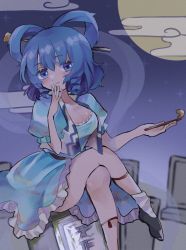 Rule 34 | 1girl, belt, black belt, blue dress, blue eyes, blue hair, blush, breasts, cleavage, crossed legs, dress, feet out of frame, flower, foot out of frame, hagoromo, hair ornament, hair rings, hair stick, hand on own chin, indoors, kaku seiga, kiseru, light smile, looking at viewer, night, night sky, open clothes, open vest, outdoors, puffy short sleeves, puffy sleeves, shawl, short hair, short sleeves, sitting, sky, smoking pipe, socks, solo, star (sky), tori maru08, touhou, vest, white socks, white vest