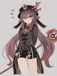 Rule 34 | 1girl, absurdres, arm behind head, bike shorts, black hat, black shorts, blush, brown hair, brown shirt, collared shirt, cropped legs, flower, flower-shaped pupils, genshin impact, grey background, hair between eyes, hair flaps, hat, hat flower, hat tassel, highres, hu tao (genshin impact), long hair, long sleeves, looking at viewer, origami gyokuo, polearm, red eyes, red flower, shirt, short shorts, shorts, simple background, smile, solo, symbol-shaped pupils, thigh gap, thighs, weapon, weapon on back