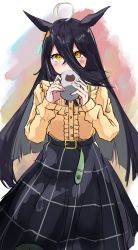 Rule 34 | 1girl, absurdres, ahoge, animal ears, belt, belt buckle, black hair, black rabbit 77, black skirt, blush, buckle, center frills, commentary, cup, earrings, frilled shirt collar, frills, hands up, highres, holding, holding cup, horse ears, jewelry, long hair, long sleeves, looking at viewer, manhattan cafe (umamusume), parted lips, shirt, shirt tucked in, single earring, skirt, solo, umamusume, yellow eyes, yellow shirt