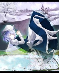 Rule 34 | 1girl, bad id, bad pixiv id, cherry blossoms, closed eyes, female focus, forest, hat, letterboxed, letty whiterock, nature, outdoors, plant, short hair, sky, snow, solo, touhou, tsuizi