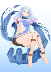Rule 34 | 1girl, absurdres, bad id, bad pixiv id, barefoot, blue eyes, blue hair, blush, breasts, crossed legs, erica (malicious), full body, highres, jewelry, long hair, looking at viewer, malicious, matching hair/eyes, nipple slip, nipples, oni-noboru, short hair, sitting, solo, toe ring, torn clothes