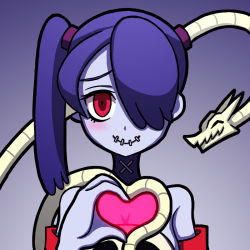 Rule 34 | 1girl, bare shoulders, blue hair, blue skin, blush, choker, colored skin, detached sleeves, closed eyes, hair over one eye, heart, heart hands, heart hands duo, leviathan (skullgirls), looking at viewer, red eyes, shisen, side ponytail, skullgirls, smile, squigly (skullgirls), stitched mouth, stitches, twintails, zombie