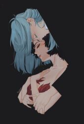 Rule 34 | 2girls, artist name, bare arms, black background, black hair, blending, blue hair, breasts, closed eyes, collarbone, commentary, crying, dress, english commentary, feather dress, hair down, hand on another&#039;s arm, highres, hug, hug from behind, long hair, multiple girls, nabby (le akissha), parted lips, red dress, red lips, reverse:1999, schneider (reverse:1999), short hair, small breasts, tears, vertin (reverse:1999), yuri