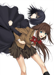 Rule 34 | 2girls, aozaki aoko, back-to-back, black dress, black eyes, black hair, blazer, blue eyes, breasts, brown hair, brown jacket, brown skirt, buttons, collared shirt, commentary request, dress, floating hair, frilled dress, frills, hair between eyes, hair intakes, highres, jacket, juliet sleeves, kuonji alice, lifting person, locked arms, long dress, long hair, long sleeves, looking at viewer, mahou tsukai no yoru, medium breasts, miniskirt, multiple girls, neck ribbon, open mouth, pleated skirt, puffy sleeves, red ribbon, ribbon, school uniform, shirt, short hair, sidelocks, simple background, skirt, small breasts, smile, takai isshiki, tongue, white background, white shirt