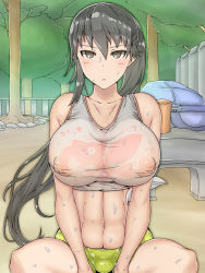Rule 34 | &gt;:&lt;, 1girl, :&lt;, abs, armpits, bag, bare arms, bare shoulders, bench, between legs, bike shorts, black eyes, black hair, blush, borrowed character, breasts, brown eyes, closed mouth, collarbone, covered erect nipples, crop top, female focus, hand between legs, highres, huge breasts, large breasts, legs, long hair, looking at viewer, midriff, muscular, muscular female, navel, nekoshi, nipples, original, outdoors, park, ponytail, see-through, serious, shirt, shorts, sitting, sleeveless, solo, spread legs, sweat, tank top, taut clothes, taut shirt, thighs, tsurime, v-shaped eyebrows, v arms, wet, wet clothes