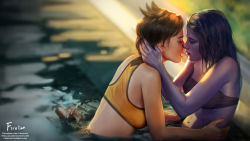 Rule 34 | 2girls, artist name, bare arms, bare shoulders, bathing, bikini, bikini top only, blurry, blurry background, breasts, brown hair, closed mouth, colored skin, day, closed eyes, firolian, from side, half-closed eyes, hand on another&#039;s head, highres, imminent kiss, leaning forward, lips, long hair, medium breasts, multiple girls, open mouth, outdoors, overwatch, overwatch 1, partially submerged, pool, profile, purple hair, purple lips, purple skin, short hair, smile, strapless, strapless bikini, sunlight, swimsuit, tracer (overwatch), upper body, waist grab, water, watermark, web address, wet, wet hair, widowmaker (overwatch), yuri
