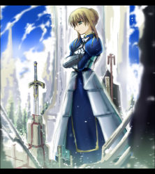Rule 34 | 00s, 1girl, armor, armored dress, artoria pendragon (all), artoria pendragon (fate), blonde hair, dress, fate/stay night, fate (series), faulds, green eyes, letterboxed, saber (fate), solo