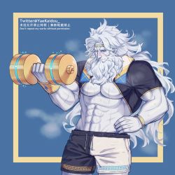 Rule 34 | 1boy, abs, alternate costume, bad id, bad twitter id, bara, bare pectorals, beard, black shorts, blush, bulge, cowboy shot, dolphin shorts, dumbbell, exercising, facial hair, fate/grand order, fate (series), hair intakes, hand on own hip, highres, large pectorals, long hair, male focus, muscular, navel, one eye closed, pale skin, pectorals, shorts, shrug (clothing), simple background, solo, steam, sweat, very long hair, white hair, white shorts, yaekaidou, zeus (fate)
